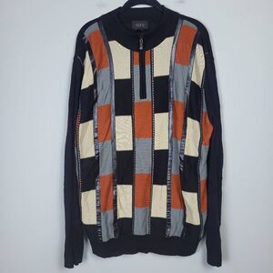 Miko Mens Wool Sweater Quarter Zip XXL Multicolor Patchwork Grandpa Pullover